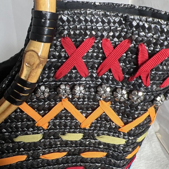 Black Woven Tote With Bamboo Handles & Colorful Embellishments - Picture 6 of 11